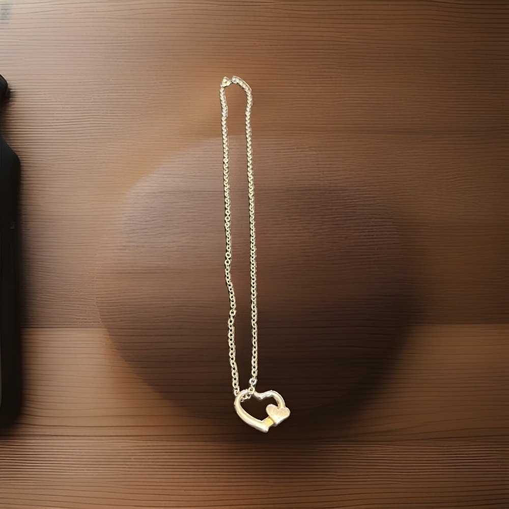 Silver Tone Double Heart Pendant Necklace Open Heart Love Chain Jewelry